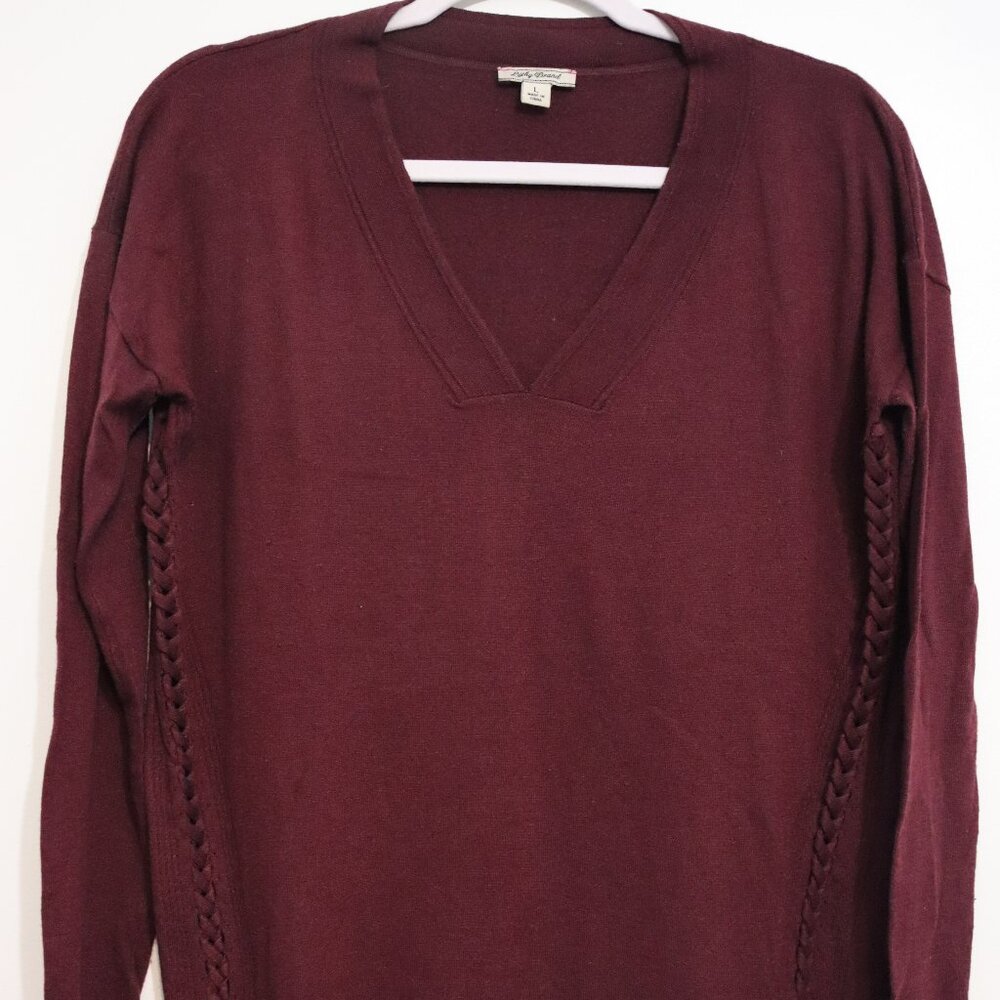 Lucky Brand V-Neck Braided Side Pullover Sweater Burgundy L